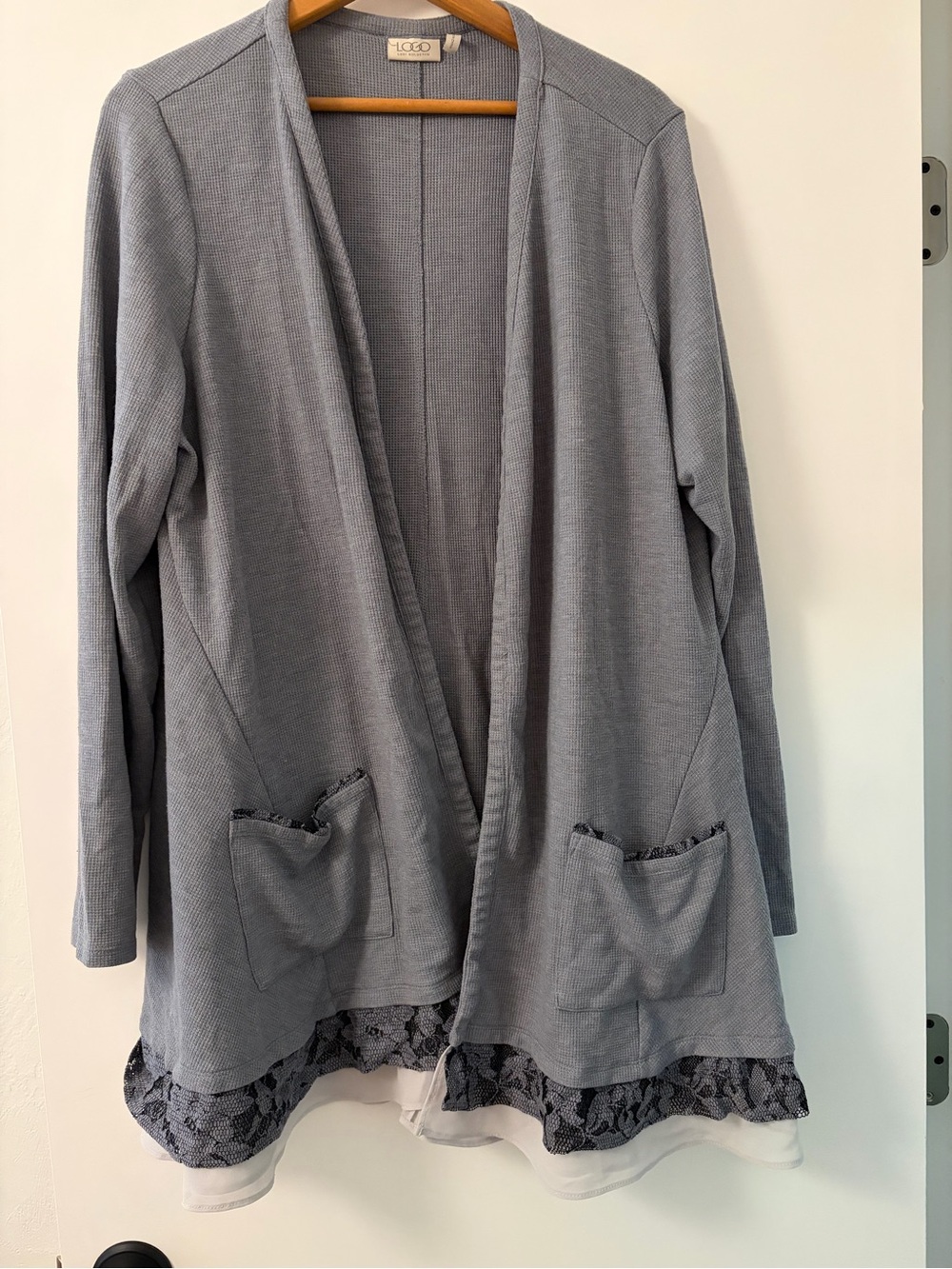 LOGO by Lori Goldstein Gray Cardigan with Lace Hem